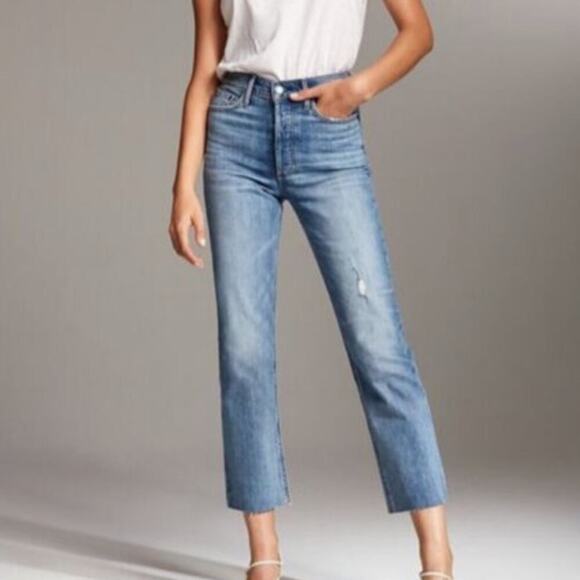 Denim Forum The Arlo High Rise Distressed Straight Jeans Blue Women's Size 27 - Picture 1 of 13